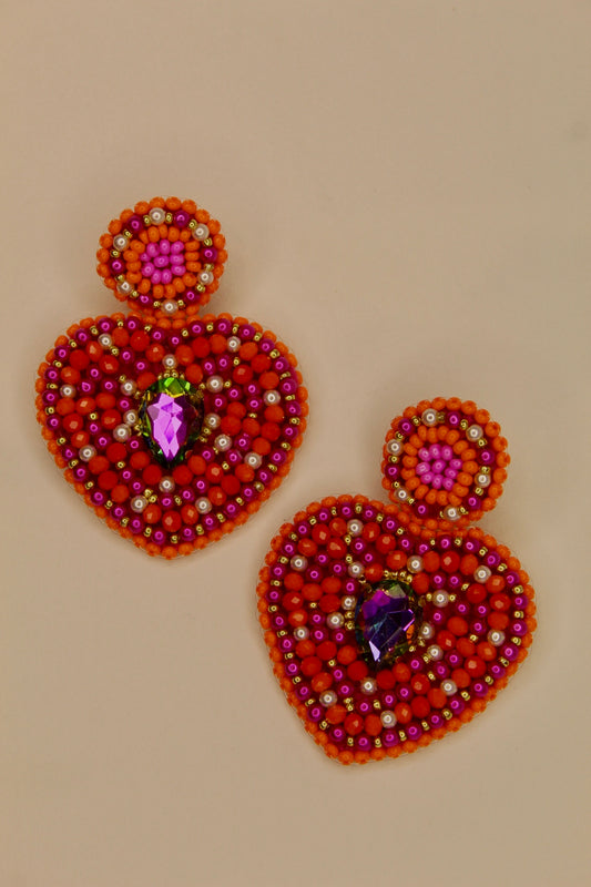 Aretes Corazón en Rojo y Rosa con Mostacillas y Cristales